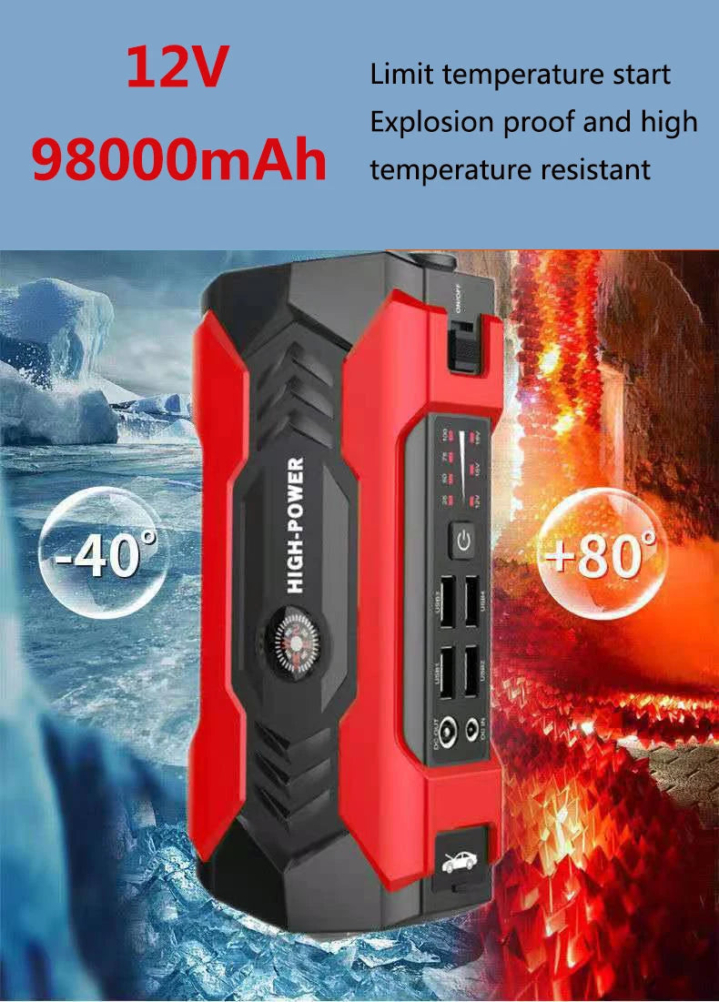 Arrancador de Baterías 12V, 98000mAh y Kit de Emergencia Multifuncional