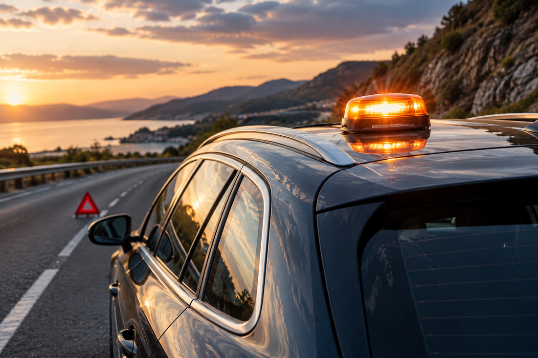 Baliza V16 conectada DGT 3.0 en una carretera durante una emergencia — The Forge Journal / FastCar
