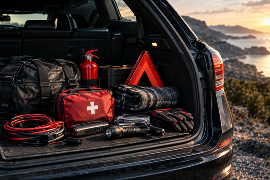 Equipamiento de emergencia organizado en el maletero para una avería — The Forge Journal