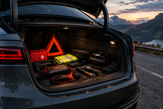 Kit de emergencia organizado en el maletero de un coche para imprevistos en carretera